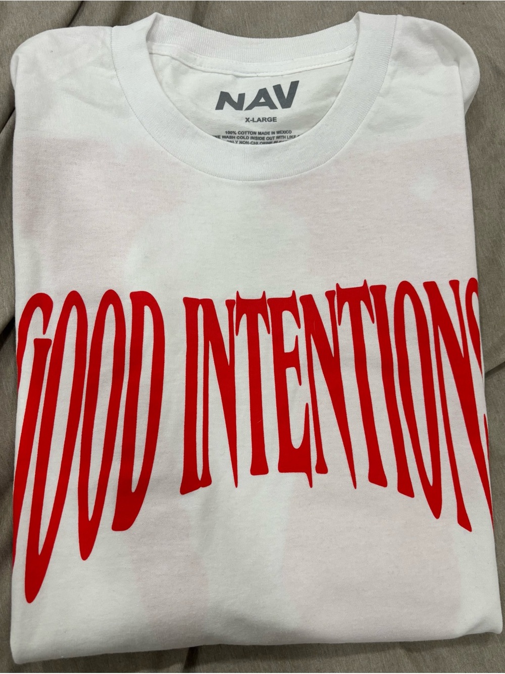 NAV White T-Shirt with Red "GOOD INTENTIONS" Graphic - Large